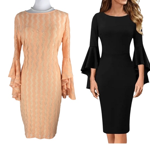 VF SHOW Elegant Bell Sleeve Cocktail Party Bodycon Pencil Sheath Dress X-Large - Picture 1 of 15